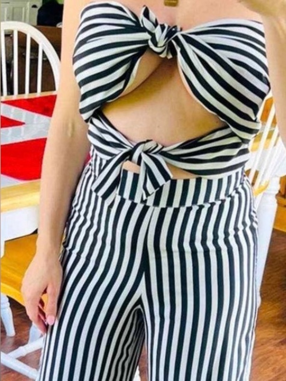 Skylar + Madison Black & White Striped Wide-Leg Jumpsuit with Twist Front